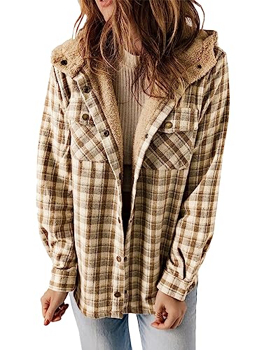 Dokotoo Shacket Jacket Women Fashion Plaid Oversized Hooded Long Sleeve Flannel Shirts Button Down Sherpa Coats Pocketed Casual Winter Fall 2023 Thick Fleece Lined Oversized Outerwear Khaki S