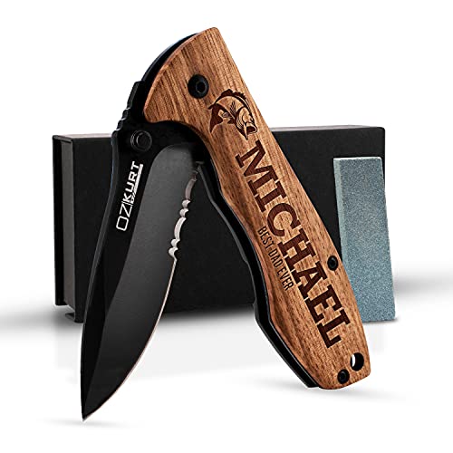 Gifts for Men, Personalized Engraved Oak Wood Pocket Knife - 36 Icons, 20 Stylish Font - Custom Knives