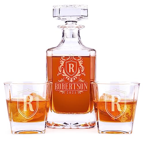 Personalized Whiskey Decanter Set - 5 Design Options - Custom Liquor 25 oz, 750ml Liquor Decanter w/Whiskey Glass Set Options, Birthday & Men Gifts for Christmas 2023